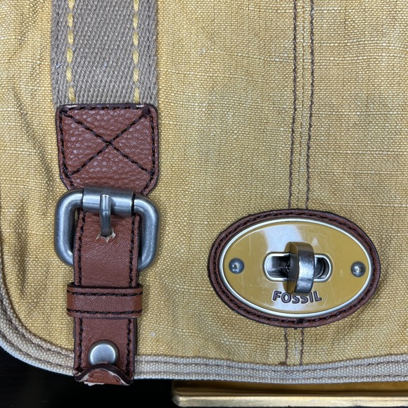 Fossil Yellow Canvas Crossbody Messenger Bag Leather Trim Buckle Flap Organizer - Picture 4 of 14